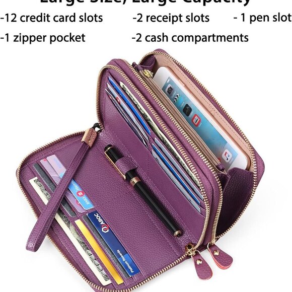 Leather Women Wallet RFID Blocking Zipper Around Phone Holder Clutch - Picture 2 of 6